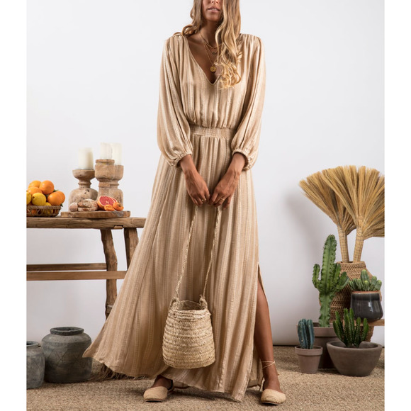 Western Prairie Ruffle Maxi Dress XS SMALL Sundress Laura Cottage Natural Beige - Picture 1 of 10